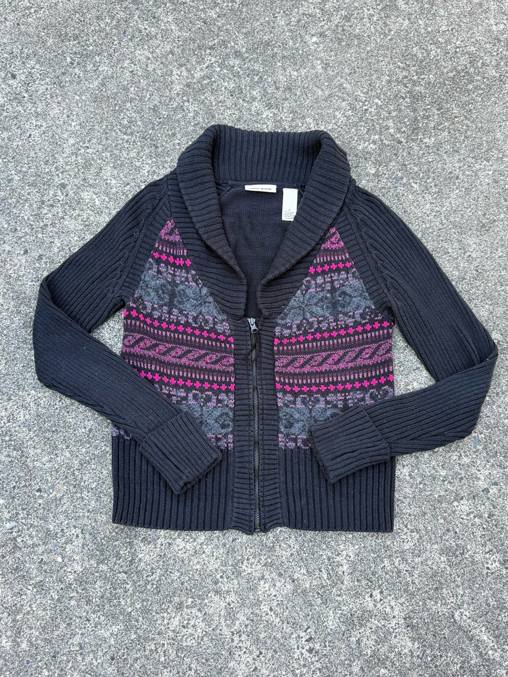 DKNY Y2K Black Fair Isle Zip Cardigan Sweater Shawl Collar Pink Accent Knit sz M